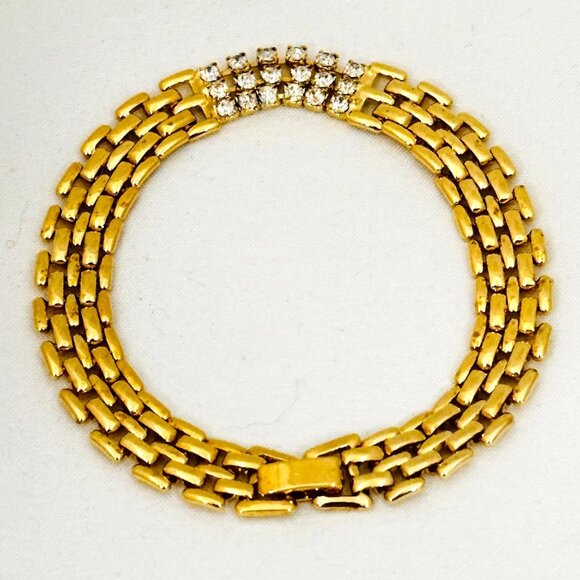 Vintage Gold-Tone Rhinestone Bracelet With Fold Over Clasp & Triple Row Design - Picture 7 of 8